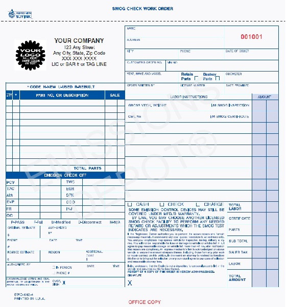 自動車 Smokespew Order page FM-A Smog Check Work Order SWO-643-4 - 4 Part Carbon Copy | Valid in