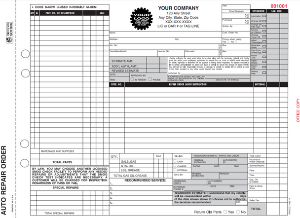 Auto Repair Order AROCC-365-4 | 4 Part Carbonless (11'' x 8.5'') – Valid in California