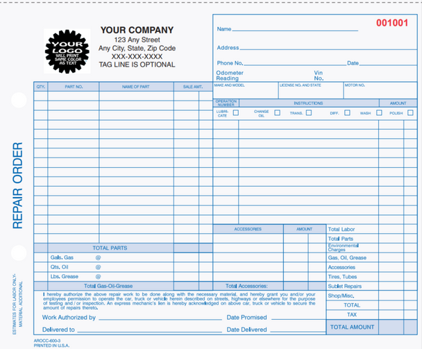 Auto Repair Order AROCC-600-3 | 3 Part Carbonless (8.5'' x 7'')