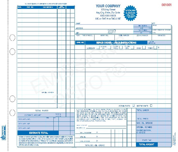 Auto Repair Form AROCC-664-3 | 3 Part Carbonless (11"  x 8.5"')