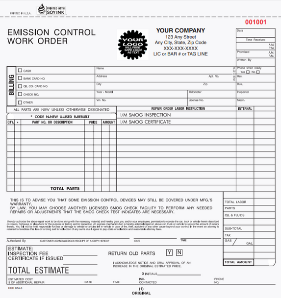 Emission Control Work Order ECO-674-3 | 3 part Carbon (8.5" x 8.5")