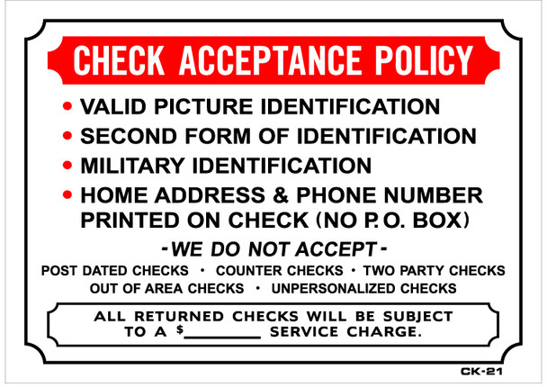 Sign - Check Acceptance Policy (14in x 20")