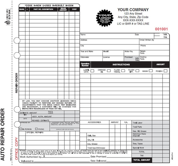 Automotive Repair work Order ARO-371-4 | 4 Part Carbon (8.5" x 8.5") Valid for California