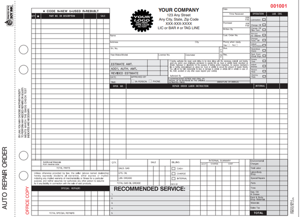 Automotive Repair Work Order AROCC-665-4 | 4 Part Carbonless (11" X 8.5") Not Valid in California