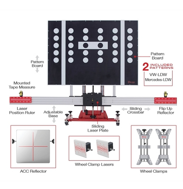 The ADAS Frame Standard Package features the adjustable, motorized ADAS Calibration Frame. This package includes the Volkswagen and Mercedes Patterns for Lane Departure Warning System calibrations, two Wheel Clamps with Lasers and an Adaptive Cruise Control Reflector Plate.