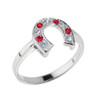 White Gold White and Red CZ Ladies Horseshoe Ring