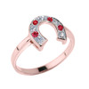 Rose Gold White and Red CZ Ladies Horseshoe Ring
