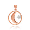 Rose Gold Crescent Moon with Diamond Star Islamic Pendant Necklace