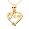 Yellow Gold "Love" Script Diamond Heart Pendant Necklace