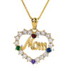 Yellow Gold "MOM" Open Heart Pendant Necklace with Four CZ Birthstones