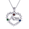 White Gold "MOM" Open Heart Pendant Necklace with Three CZ Birthstones