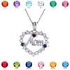 White Gold "MOM" Open Heart Pendant Necklace with Three CZ Birthstones