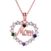 Rose Gold "MOM" Open Heart Pendant Necklace with Four CZ Birthstones