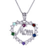 Sterling Silver "MOM" Open Heart Pendant Necklace with Six CZ Birthstones