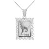 Polished White Gold Aries Zodiac Sign Rectangular Pendant Necklace