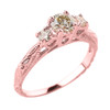 14k Rose Gold Art Deco 3 Stone Diamond Engagement Wedding Ring
