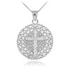 White Gold Filigree Heart Cross Diamond Pendant Necklace