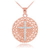 Two-Tone Rose Gold Filigree Heart Cross Diamond Pendant Necklace