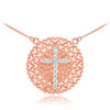 Two-Tone Rose Gold Filigree Heart Cross Diamond Necklace