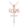 14K Two Tone Rose Gold LOVE Cross Diamond Pendant Necklace