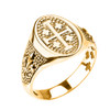 Yellow Gold Jerusalem Cross Unisex Ring with Fleur De Lis