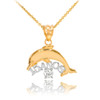 14K Two Tone Gold 15 Años Dolphin CZ Pendant Necklace