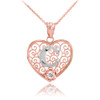 Two Tone Rose Gold Filigree Heart "C" Initial CZ Pendant Necklace