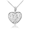 White Gold Filigree Heart "D" Initial CZ Pendant Necklace