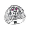 Sterling Silver Indian Head Men's Ring with Red Cubic Zirconia