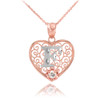 Two Tone Rose Gold Filigree Heart "F" Initial CZ Pendant Necklace