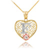 Two Tone Yellow Gold Filigree Heart "F" Initial CZ Pendant Necklace