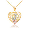 Two Tone Yellow Gold Filigree Heart "J" Initial CZ Pendant Necklace