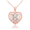 Two Tone Rose Gold Filigree Heart "K" Initial CZ Pendant Necklace