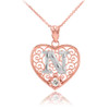 Two Tone Rose Gold Filigree Heart "N" Initial CZ Pendant Necklace