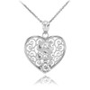White Gold Filigree Heart "S" Initial CZ Pendant Necklace