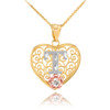 Two Tone Yellow Gold Filigree Heart "T" Initial CZ Pendant Necklace