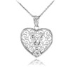 White Gold Filigree Heart "V" Initial CZ Pendant Necklace