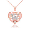 Two Tone Rose Gold Filigree Heart "W" Initial CZ Pendant Necklace