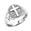 White Gold Textured Band Oval Christian Religious Cross Men's Ring