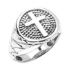 White Gold Textured Band Christian Religious Cross Men's Ring