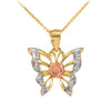 Three-Tone Gold Butterfly CZ Pendant Necklace