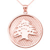 Rose Gold Lebanese Cedar Tree Round Pendant Necklace