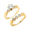 Yellow Gold 6 Prongs Cubic Zirconia 2-Pc Engagement Wedding Ring Set