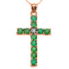 10k Rose Gold Diamond and Green CZ Cross Pendant Necklace