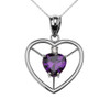 Elegant Sterling Silver Diamond and February Birthstone Purple Heart Solitaire Pendant Necklace