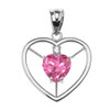Elegant White Gold Diamond and October Birthstone Pink CZ Heart Solitaire Pendant Necklace