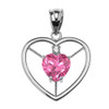 Elegant Sterling Silver Diamond and October Birthstone Pink CZ Heart Solitaire Pendant Necklace