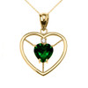 Elegant Yellow Gold Diamond and May Birthstone Green CZ Heart Solitaire Pendant Necklace