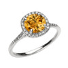 White Gold Halo Diamond and Genuine Citrine Dainty Engagement Proposal Ring