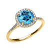 Yellow Gold Halo Diamond and Genuine Blue Topaz Dainty Engagement Proposal Ring